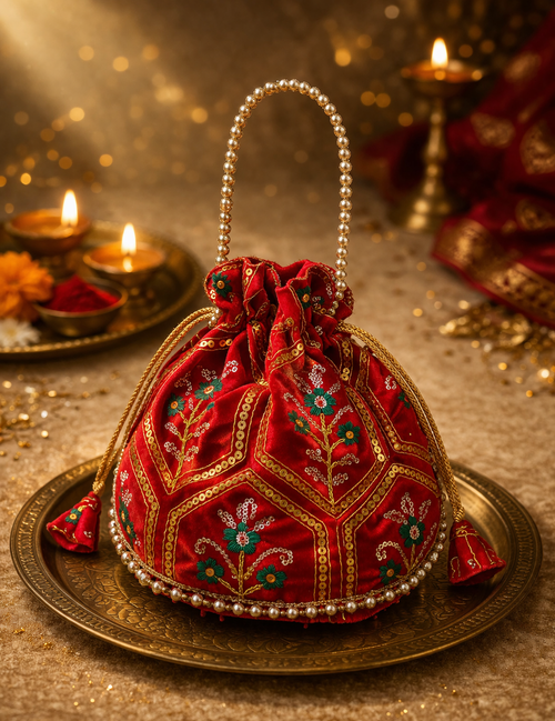 Close-up of crimson velvet bridal potli bag showing floral threadwork, zari border and silver pearl trim