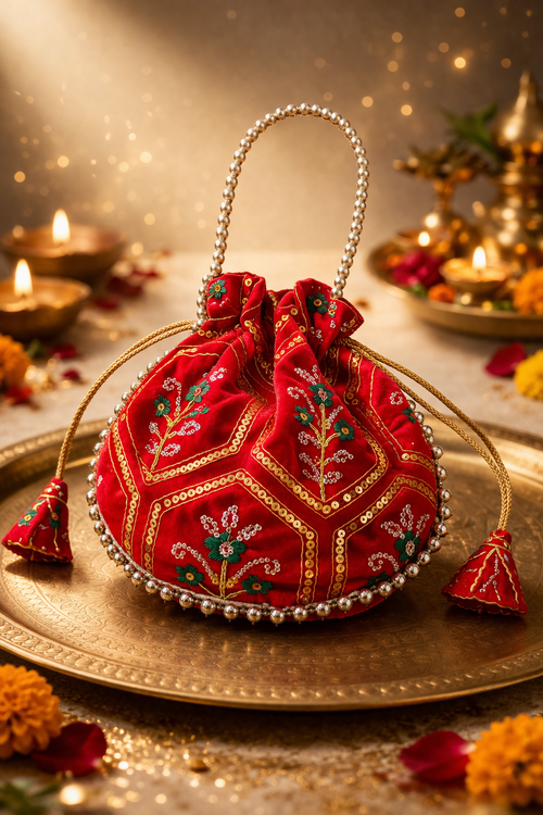 Crimson velvet bridal potli bag with gold zari embroidery and pearl bead handle — Punarvsu