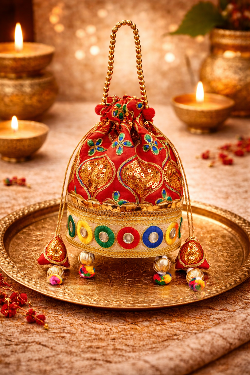 Grand Heritage potli bag with traditional zari and mirror work border — premium Bhagwan Vastra fabric — Punarvsu