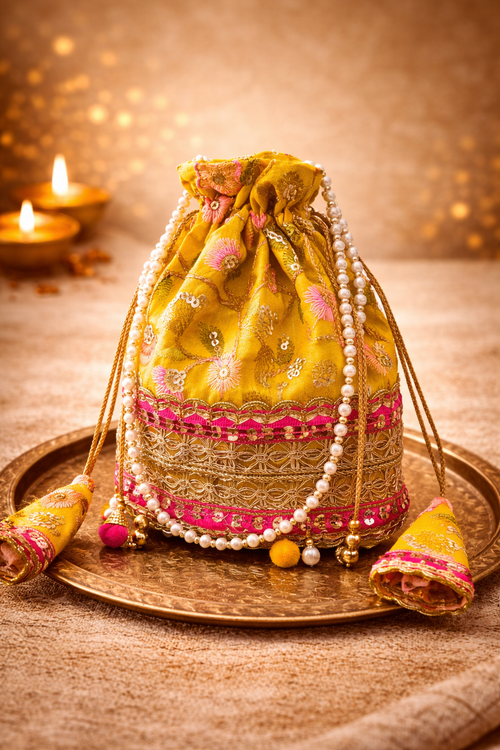Mustard yellow silk shagun potli bag with pink floral embroidery, gold lace panel and pearl bead handle — Punarvsu